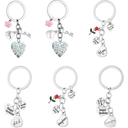 Happy Birthday Family Heart Key Chains Flower Love Crystal Keyrings Charm Jewelry Mom Dad Uncle Brother Daughter Thank You Gifts