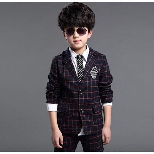 School Boys Formal Plaid Wedding Suit Kids graduation Blazer+Pants 2Pcs Baby Birthday Dress Prom Piano Party Dance Costume