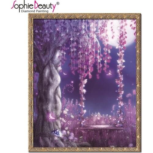 Sophie Beauty Full Round Diy Diamond Painting Cross Stitch Mosaic Handmade Romantic Violet Dreamlike Tree Swing Arts Embroidery