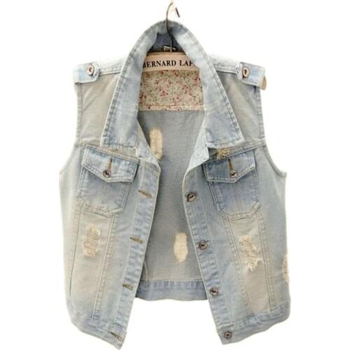 Korean Frayed Short Denim Vest Women Vintage Wash Blue Waistcoat Casual Sleeveless Jacket Plus size Slim Holes Jeans Vest Female