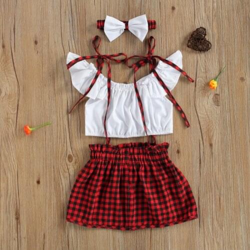 Girls Skirt Three Piece Suit Fashion Fly Sleeve V-neck T-shirt and Suspender Shorts/Skirt with Headband Summer 2021