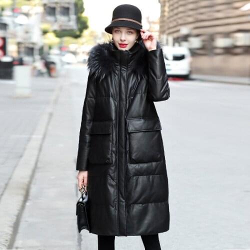 Real Sheepskin Leather Jackets Women Raccoon Fur Collar Hooded Coat Female 90% White Duck Down Womens Down Jacket Ropa Zjt2072