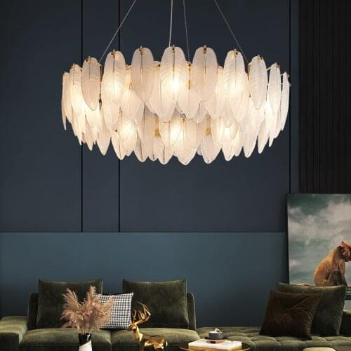 Grey Feather Chandelier Light Luxury Large Living Room Bedroom Post-Modern Designer Nordic Creative Glass Lamp