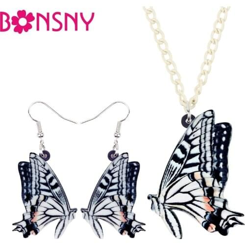 Bonsny Acrylic Jewelry Set Papilio Machaon Linnaeus Butterfly Insect Necklace Earrings Pendant For Women Girls Decoration NE+EA