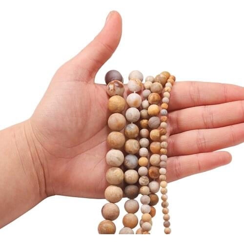 Natural Matte Chrysanthemum Stone Coral Fossils Round Loose Spacer Beads For Jewelry DIY Making Bracelet 1Strand 4 6 8 10 mm