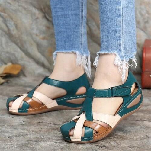 2021 New Women Sandals Summer Round Head Wedges Sandals Women Casual Shoes Non-Slip Sandals Hoop and Loop Plus Size Shoes Female