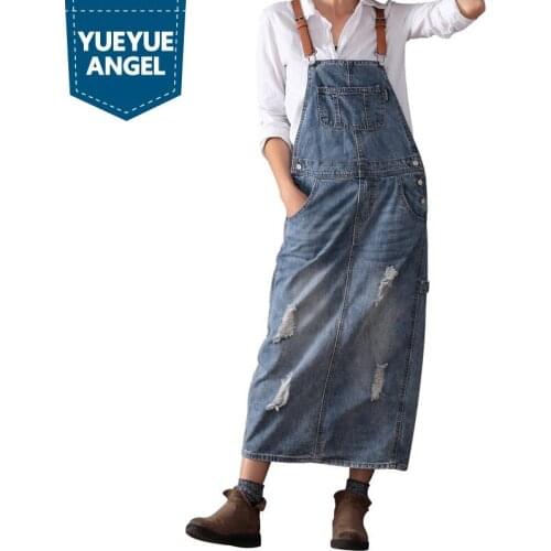 New Fashion Loose Denim Dresses Hole Ripped Jeans Suspenders One Piece All-match Long Maxi Autumn Casual Ladies Straps Dress