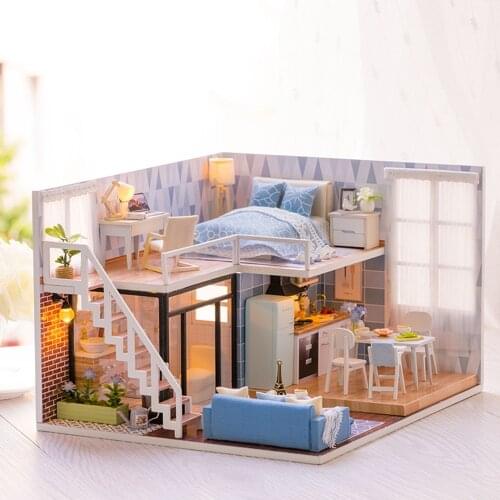 Hand Make Puzzle Dollhouse Miniature Doll House Furniture LED Toy Girl Friend Lover Christmas Birthday Gift Dollhouses Bule Time