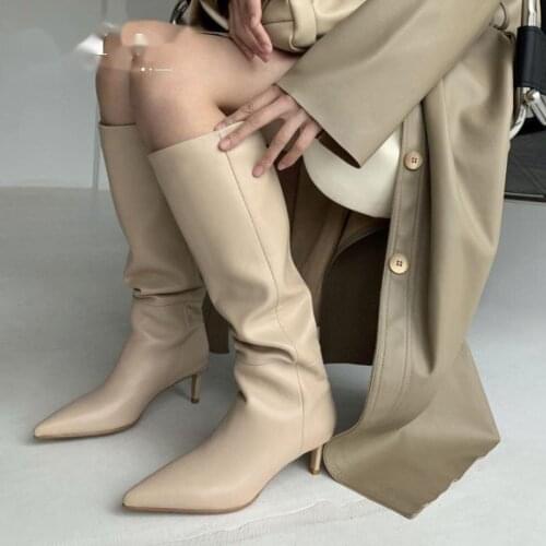 Women Genuine Leather Knee High Boots Large Size 33-43 Pointed Toe Thin Heel Slip On Party Club Winter Warm Ladies Footwear