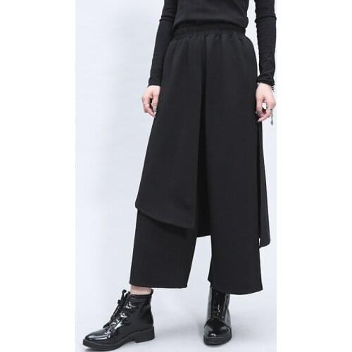 Wide Leg Pants Plus Size Women Cotton Irregular Patchwork Layered Ankle-length Trousers Simple Black Elastic Waist 2020 Spring