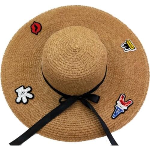 Straw hat embroidery hat women embroidered lips Eiffel summer sunscreen breathable sun hat sun hat various bucket hats
