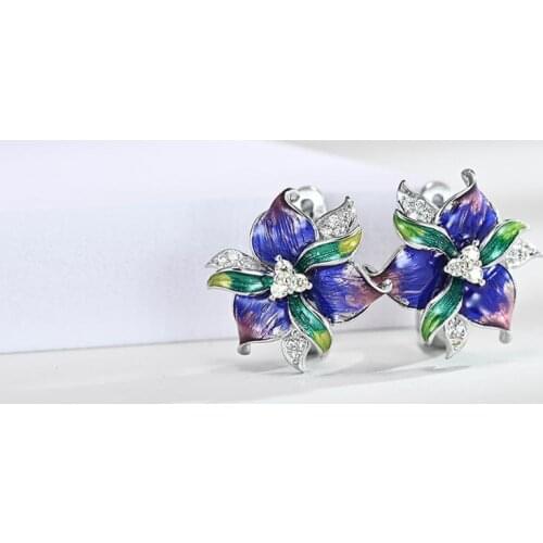 Unique Design Ladies Purple Enamel Petal Flower Silver Earrings Crystal Blossom Engagement Wedding Bridal Ear Earrings Jewelry