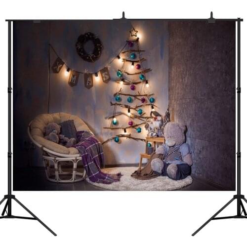 Lyavshi vinyl Photograph Background Christmas backdrops photo Gray wall Bear toy Shiny tree Backdrop For Photography