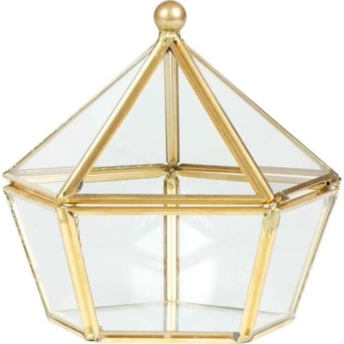 Vintage Decorative Jewelry Chest Geometric Terrarium Window Box Storage Display Case Pentagon Shape Clear Glass and Brass Tone A
