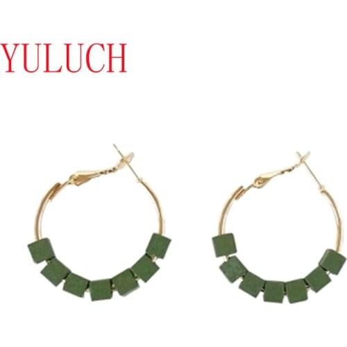 YULUCH 2018 Simple Dark Green Coffee Small Wooden Metal Earrings Temperament Retro Women Earrings Jewelry Accessories
