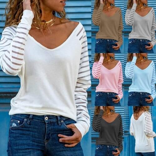 Autumn Blouse Women Fashion Casual V-neck Stripe Loose Printed Patchwork Blouse Tops Pullover Tee Shirt Блузка Женская