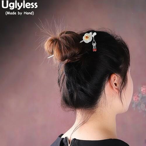 Uglyless Eastern Beauty Ethnic Hair Sticks for Women Solid 925 Silver Tassels Hairpins Jade Plum Blossom Magnolia Hair Jewelry