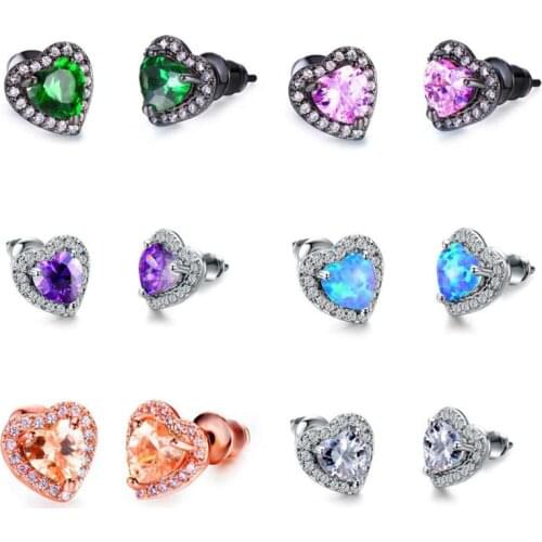 JUNXIN Female Crystal Heart Stud Earrings For Women White Gold Rose Gold Color Black White Blue Green Fire Opal Earrings Jewelry