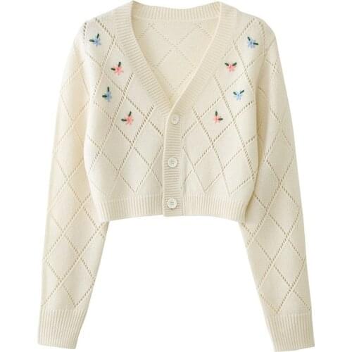 2021 Women Cardigans Knitted Sweater V-Neck Single-breasted Cardigans Women Cropped Tops Femme Embroidery Cardigans Coat Outwear