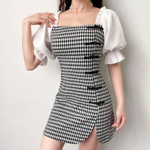 Sexy Summer Chinese Style Cheongsam Mini Dress Korean Short Puff Sleeve Square Collar Plaid Dresses for Women 2021 Vestidos