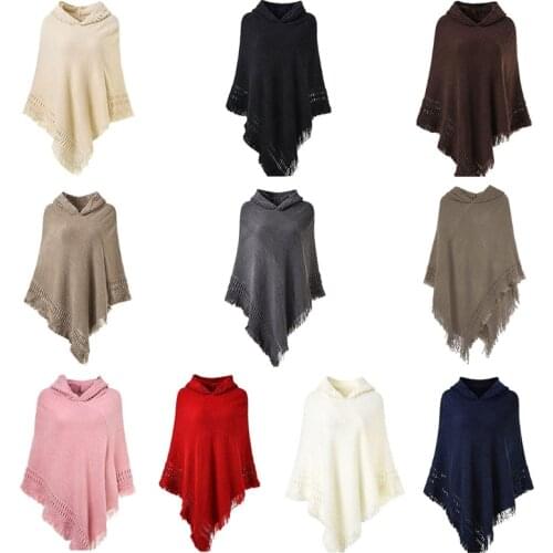 Women Winter Knit Hooded Poncho Cape Crochet Fringed Tassel Shawl Wrap Sweater