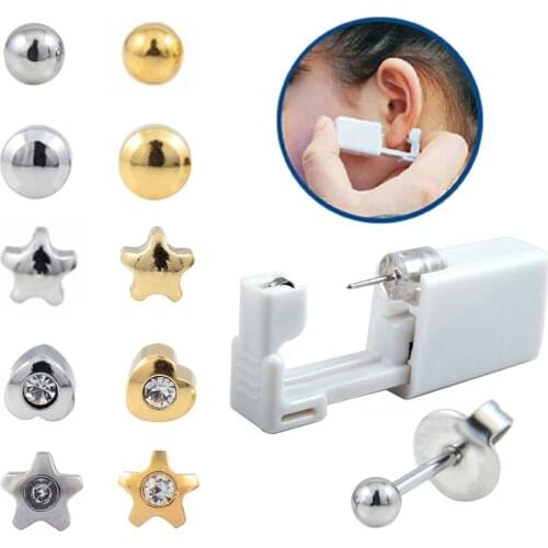 10piece Disposable Ear Piercing Units Safety Body Piercing Earring Stud Tools Kit with Crystal Star & Ball & Heart Shape Studs