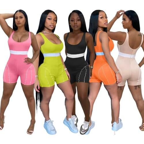 2021 Sexy Patchwork Jumpsuit Fitness Bodysuit Color Skinny Sportwear U-neck Summer Clothes For Women Outfit Romper One Piece