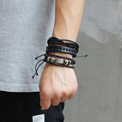 6pcs/set Black Leather Bracelet Men Multilayer Braid Bracelets & Bangles Punk Wrap Bracelets For Women Punk Casual Men Jewelry