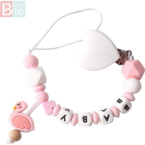 Bite Bites 1pc Baby Pacifier Clip Chain Custom Name Silicone Beads Flamingo BPA Free Chewy Dummy Chain Shower Gift Baby Teether