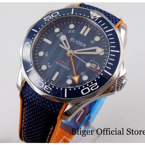 BLIGER 41mm Self Winding Men Watch Automatic GMT Movement Sapphire Glass Rubber Strap Date Window