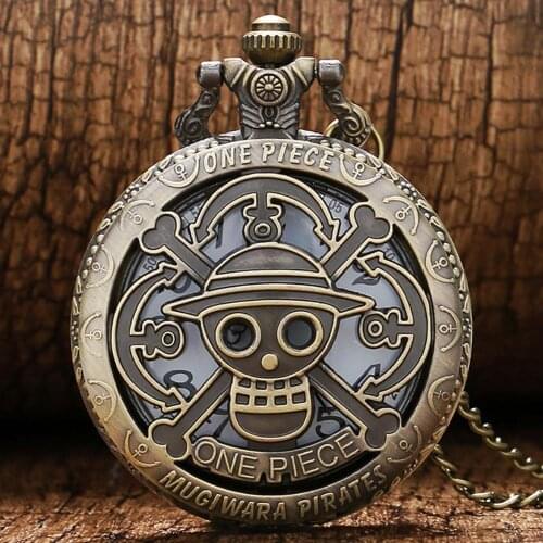 Retro Bronze Pirate Skull Luffy Japan Cartoon One Piece Quartz Pocket Watch FOB Hollow Steampunk Pendant Clock Cosplay Fans Gift