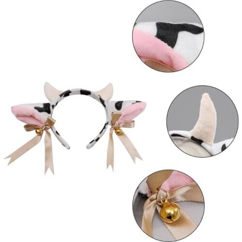F3MD Lovely Dairy Cow Head Band Little Horns Headpiece Bow Ribbons Tiny Bells Head Decorations Christmas Party Accessory