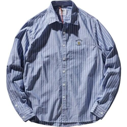 Cotton Vertical Striped Shirt Trendy Mens Japanese-Style Retro Long Sleeve Classic Bold Stripes Shirt Long Sleeve Youth Shi