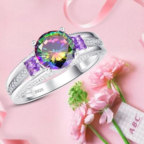 J.C Round Cut Mystic Rainbow & White Topaz 925 Sterling Silver Ring Size 6 7 8 9 Women Classic Fine Jewelry Gift