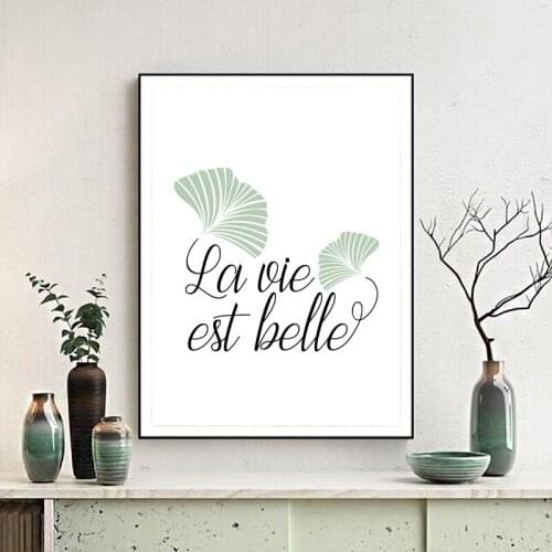 French La vie est belle Quotes Canvas Print Inspirational Poster Ginkgo Leaf Plant Painting Picture Living Room Wall Art Decor
