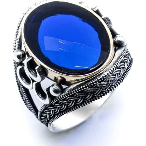 925 sterling Silver Blue Zircon Cubic Zirconia three Crescent Detailed Ring