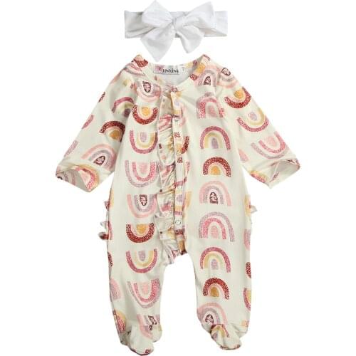 2020 New Fall Autumn 0-12M Newborn Baby Girl 2Pcs Set Flared Pink Rainbow Print Back Ruffled Long Sleeve Footie+White Headband