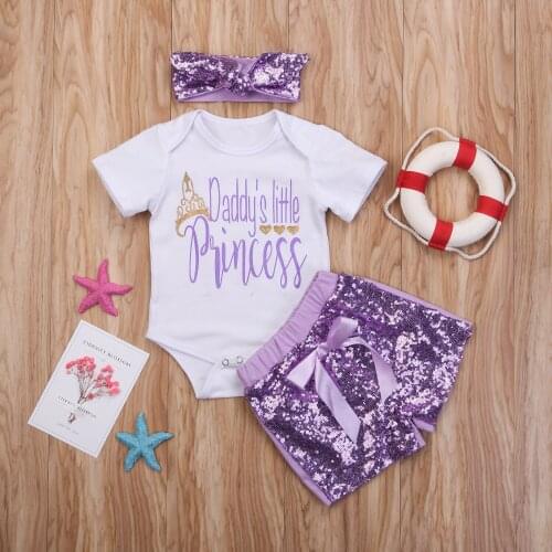 Princess Baby girls clothes set Newborn Baby Girls Daddys Princess Romper +Purple Sequins Shorts Set birthday costume