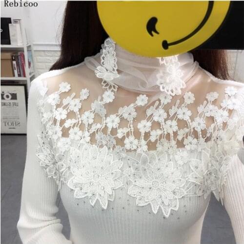 Lace Turtleneck Patchwork Pullovers Sweaters Spring Hollow Out Diamond Long Sleeve Sweater Women Winter pullover Jumper