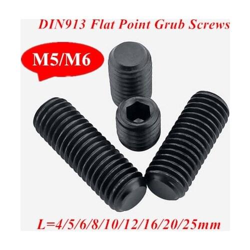 100pcs M5 M6 DIN913 Black Carbon Steel Metric Thread Grub Screws Flat Point Hexagon Socket Set Screws Headless Bolt