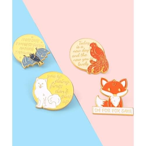 Cartoon Cute Animals Round Enamel Brooch Fox Dog Peacock Bat Letter Alloy Pins Clothes Accessories Jewelry Gifts For Friends