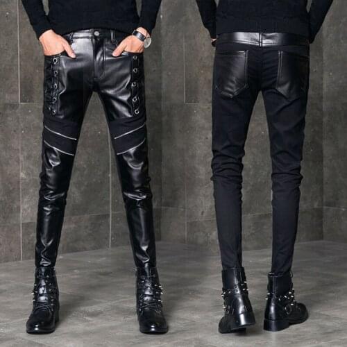 2021 Mens Stitching Semi-Leather Pants Youth Autumn and Winter Motorcycle Slim Fit Trendy Skinny Trousers