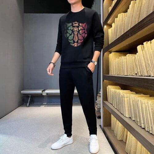 European Brand Mens Black Sets Loose Pants + Hoodie Personality Diamond Design Track Suit Thickened Sweatshirt Autumn Winter