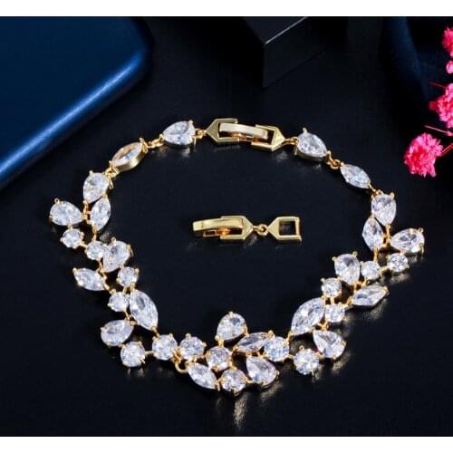 BeaQueen Luxury Dazzling Wide Big Leaf White Cubic Zirconia Crystal Bracelets Bridal Wedding Jewelry Accessories B217