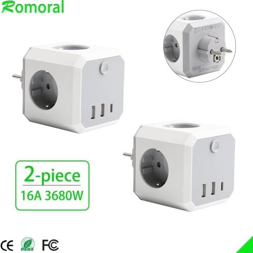 EU Plug Power Strip with USB Smart Socket Charger Travel Home Adapter 1 TO 4 Outlet Port Grounded Wall Holder Cube Power Socket