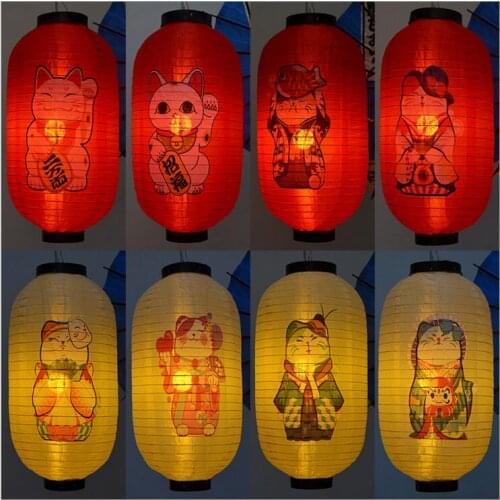Beige Color Japanese Style Silk Lantern Lucky Cat design Waterproof Paper Lamp Hanging Light Satin Bar Decor Pub House Decor