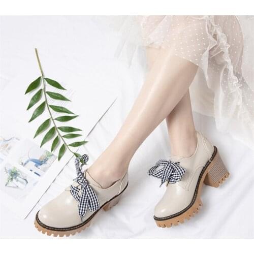 COOLULU High Heels Platform Block Heel Women Shoes Lace Up Pumps Round Toe Dress Female Footwear 2021 Spring Beige Big Size 43