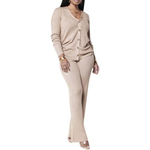 Women’s Two Piece Outfits, Long Sleeve V Neck Button Down Loose Top and Pants Set Loungewear