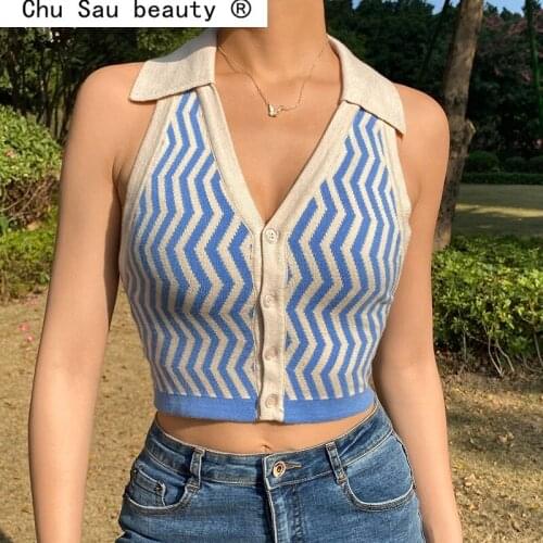 Brown Striped Knit Vest For Women Y2k Crop Tank Tops Halter Sexy Backless Fashion 2021Summer Slim Outfits Single-Breast 2021