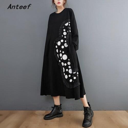 Anteef long sleeve cotton black vintage Polka Dot dresses for women casual loose spring autumn dress elegant clothing 2021